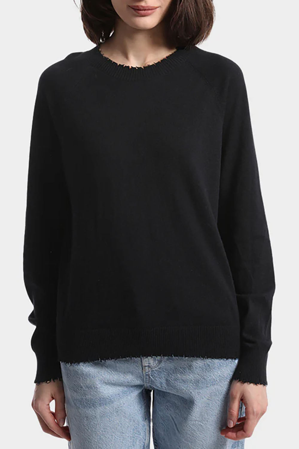 Cotton Cashmere Frayed Edge Crew in Black
