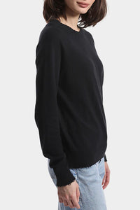 Cotton Cashmere Frayed Edge Crew in Black