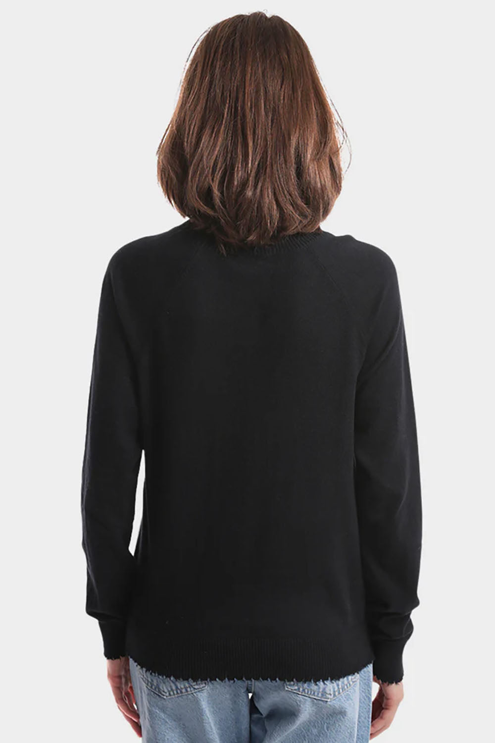 Cotton Cashmere Frayed Edge Crew in Black