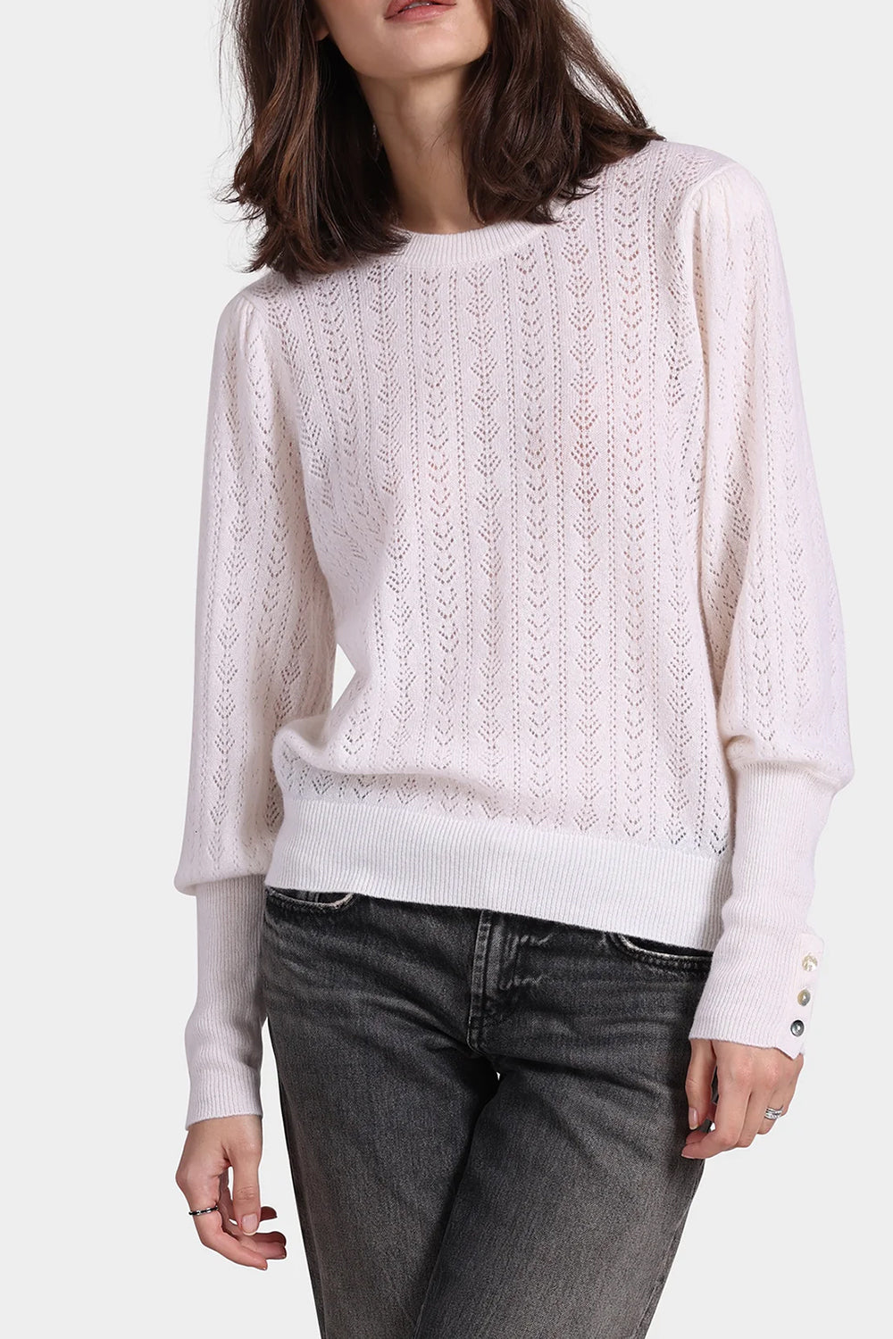 Cashmere Blousant Sleeve Crew Neck Pullover in White