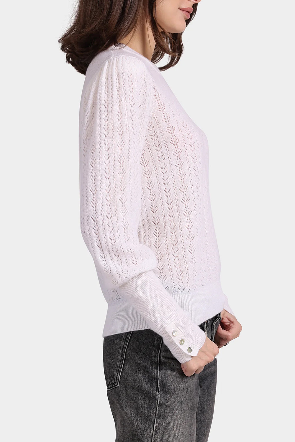 Cashmere Blousant Sleeve Crew Neck Pullover in White