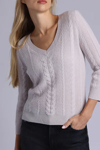 Cashmere Novelty Cable V Neck in Fog