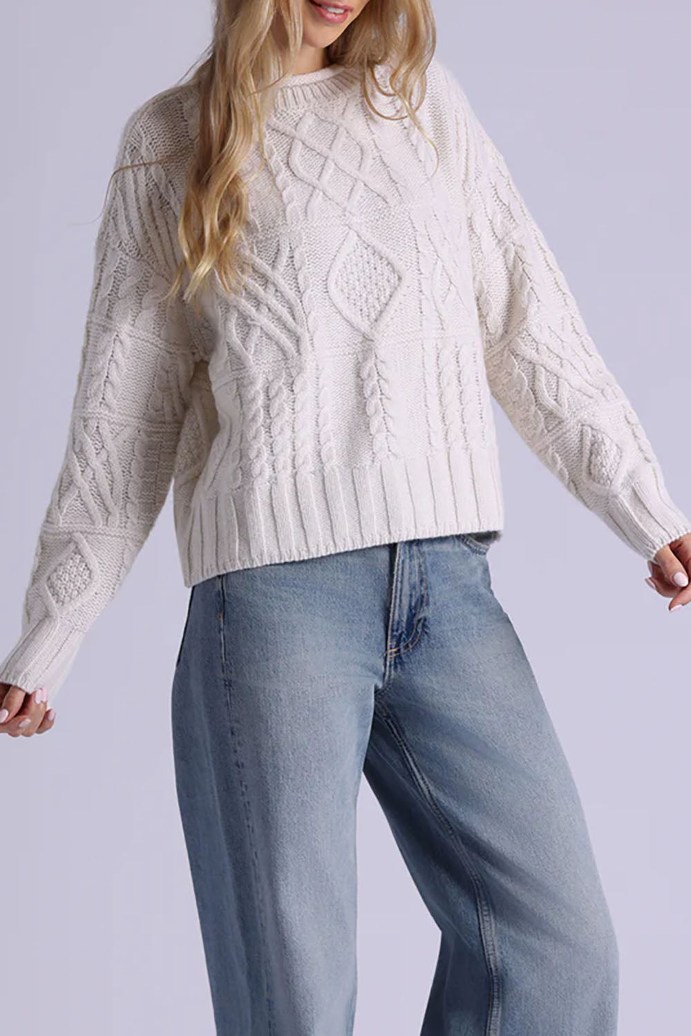 Pure Air Cashmere Mixed Cable Pattern Sweater in White