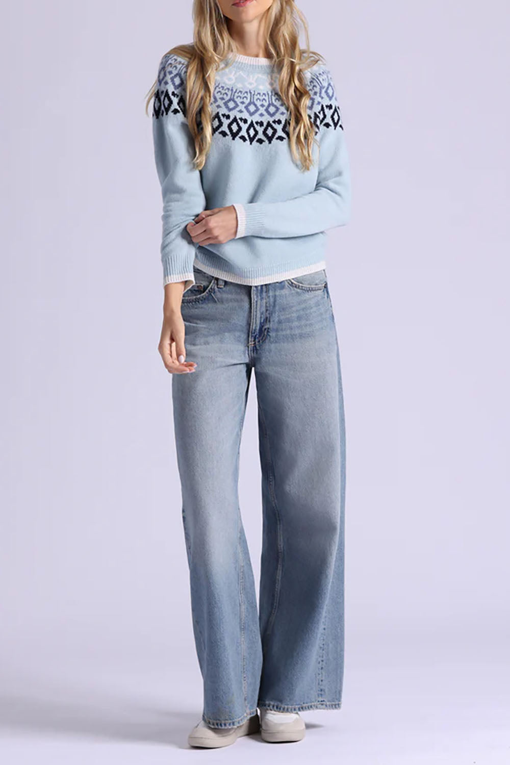 Cashmere Fair Isle Crew Neck with Tipping in Fresco Blue Combo