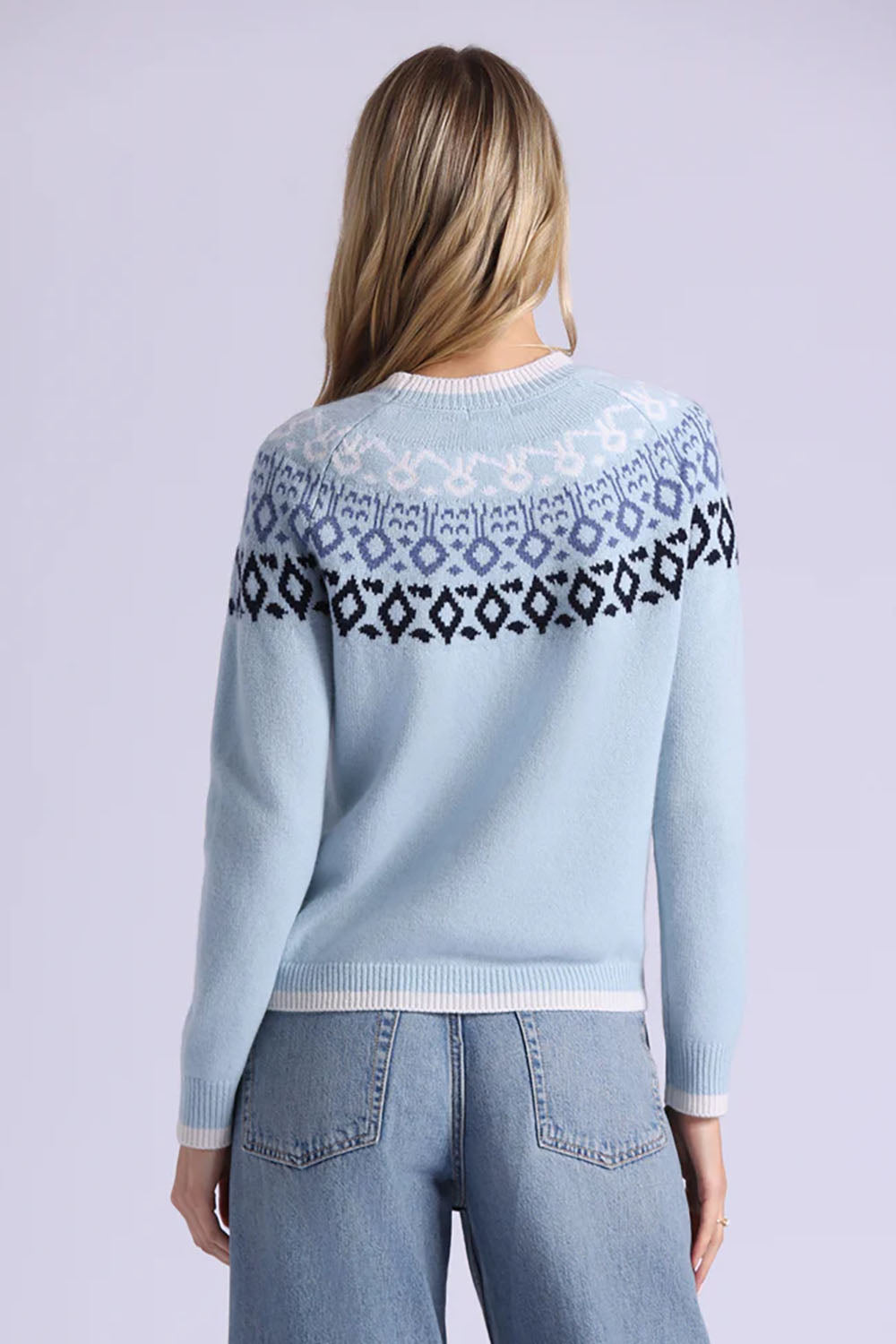 Cashmere Fair Isle Crew Neck with Tipping in Fresco Blue Combo