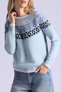 Cashmere Fair Isle Crew Neck with Tipping in Fresco Blue Combo