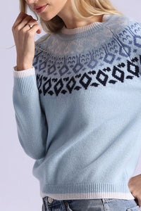 Cashmere Fair Isle Crew Neck with Tipping in Fresco Blue Combo