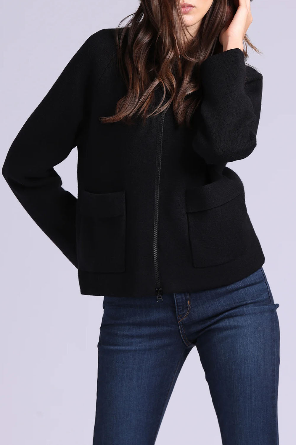 Viscose Zip Jacket with Pockets in Black