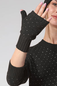 Cotton Cashmere Rhinestone Fingerless Gloves in Black