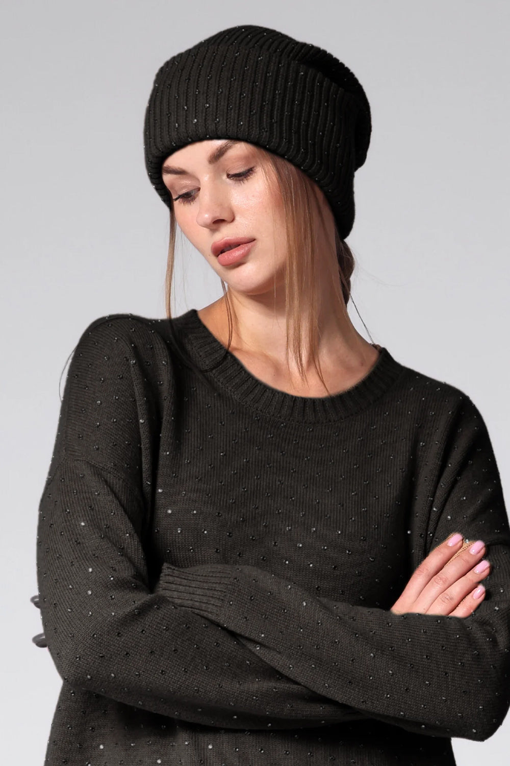 Cotton Cashmere Rhinestone Shaker Beanie Hat in Black
