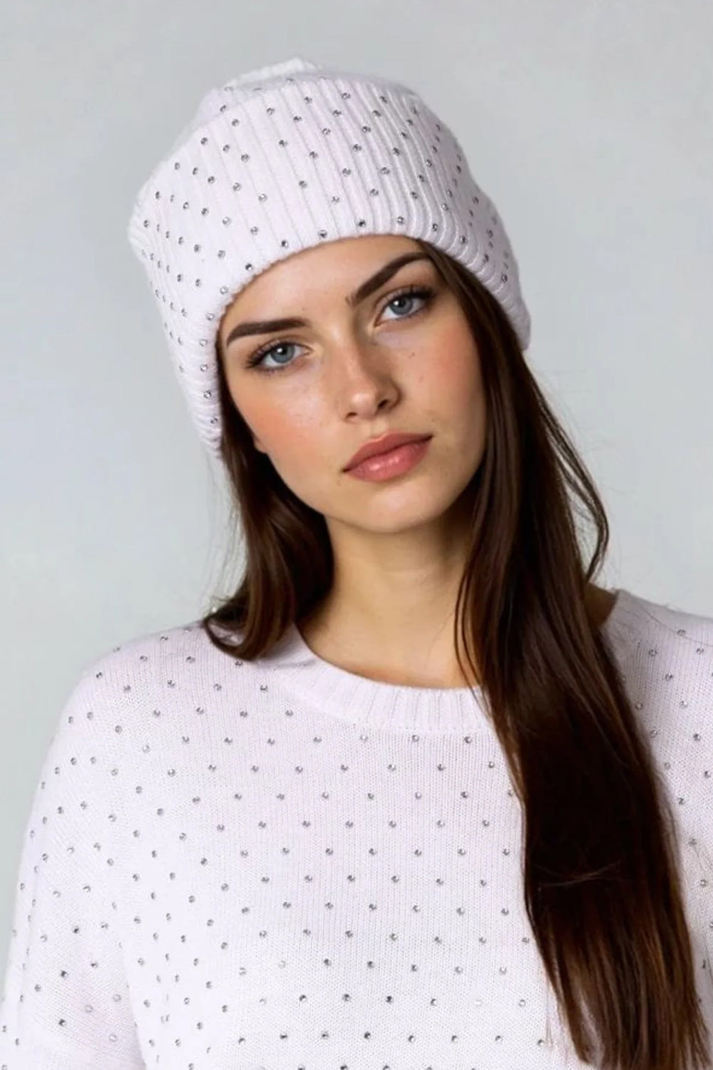 Cotton Cashmere Rhinestone Shaker Beanie Hat in White