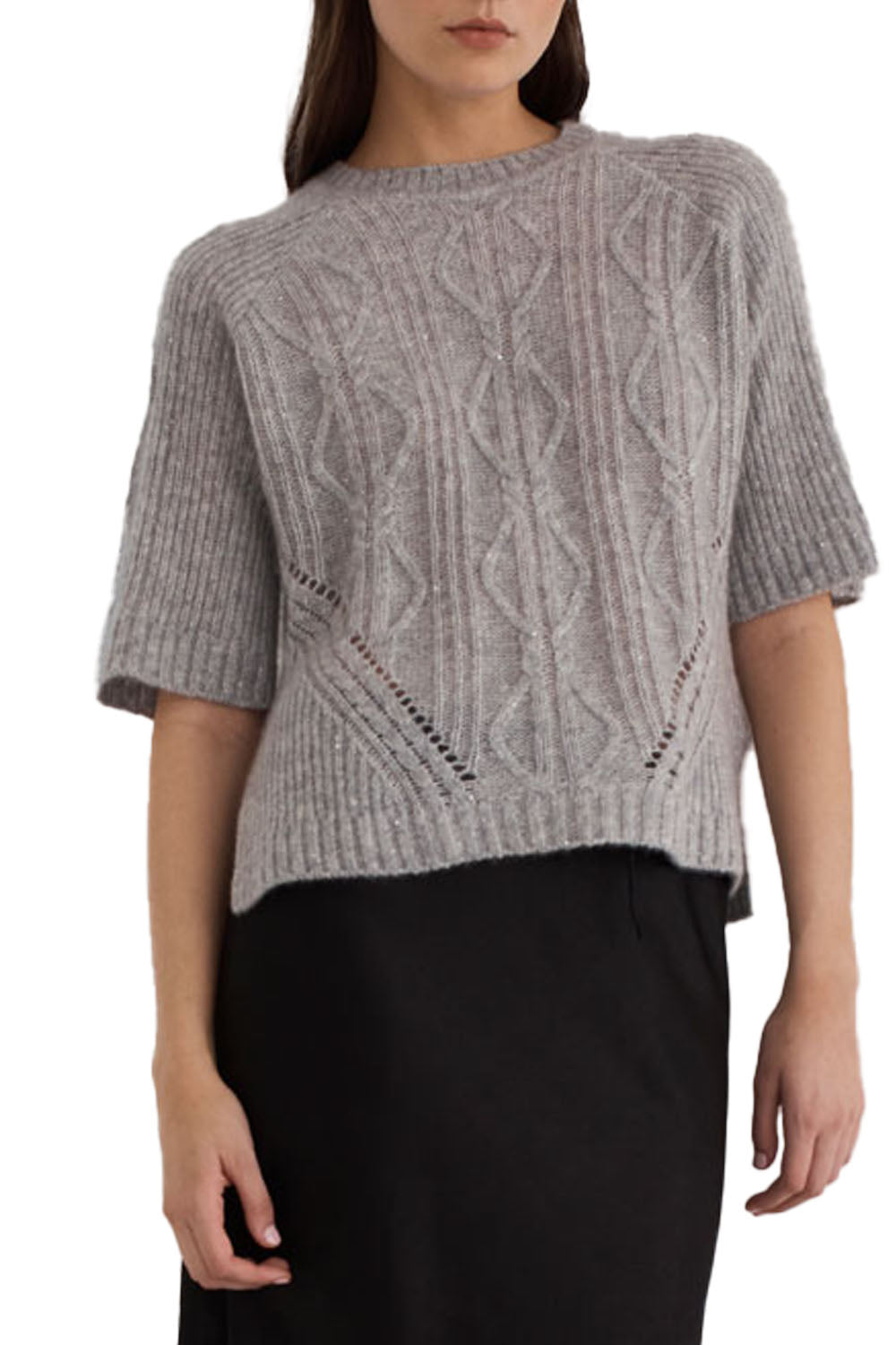 Angled Cable Short Sleeve Crew with Slits in Flint