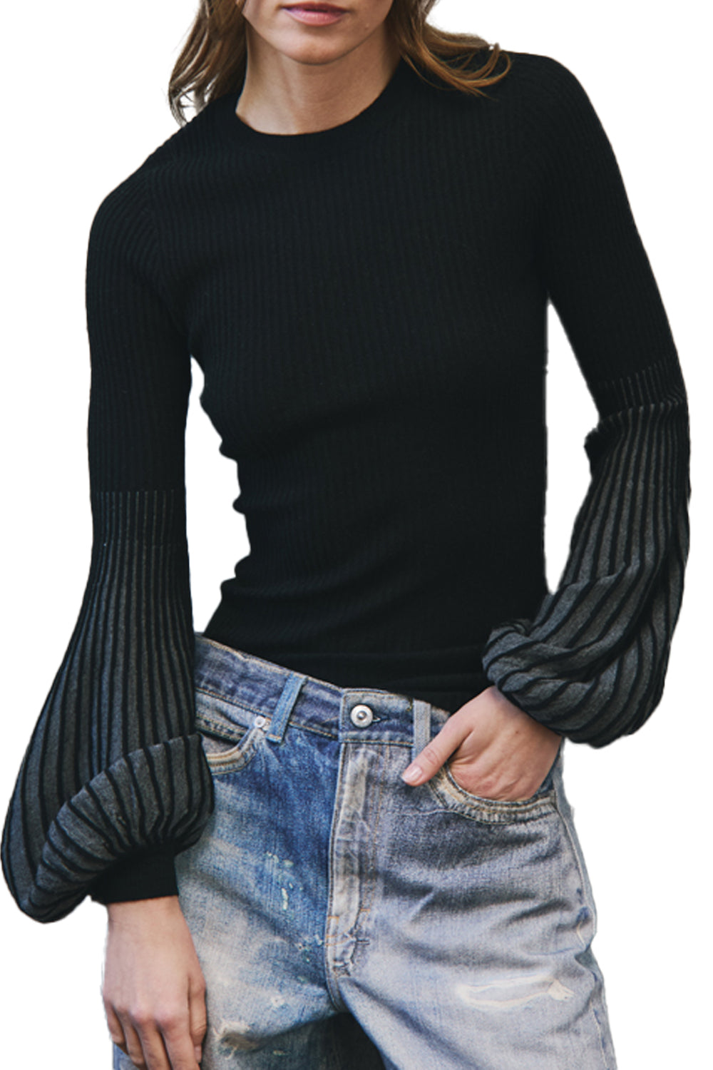 Rib Crew with 2-Tone Juliette Sleeves in Black Bankers Grey