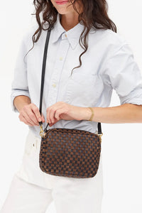 Midi Sac in Black Leather & Chocolate Suede Woven Checker