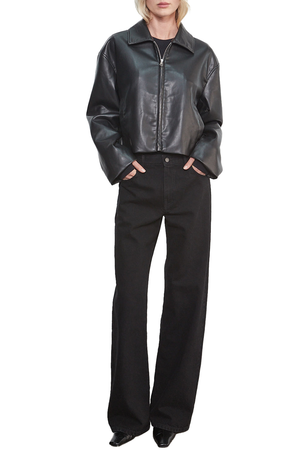 Enza Leather Minimal Jacket in Black