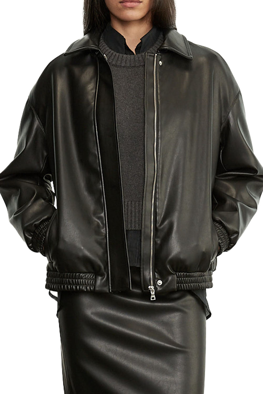 Faux Leather Bomber Jacket in Black