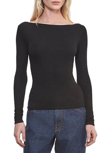 Silk Rib Boatneck Top in Black