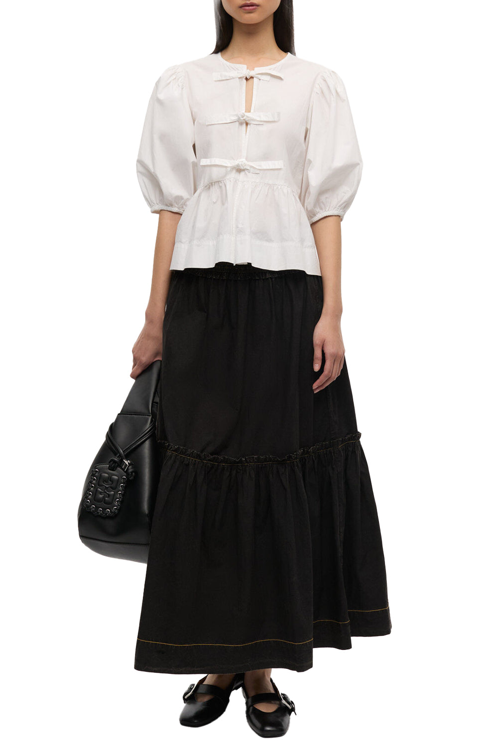 Garment Dyed Cotton Smock Maxi Skirt in Black