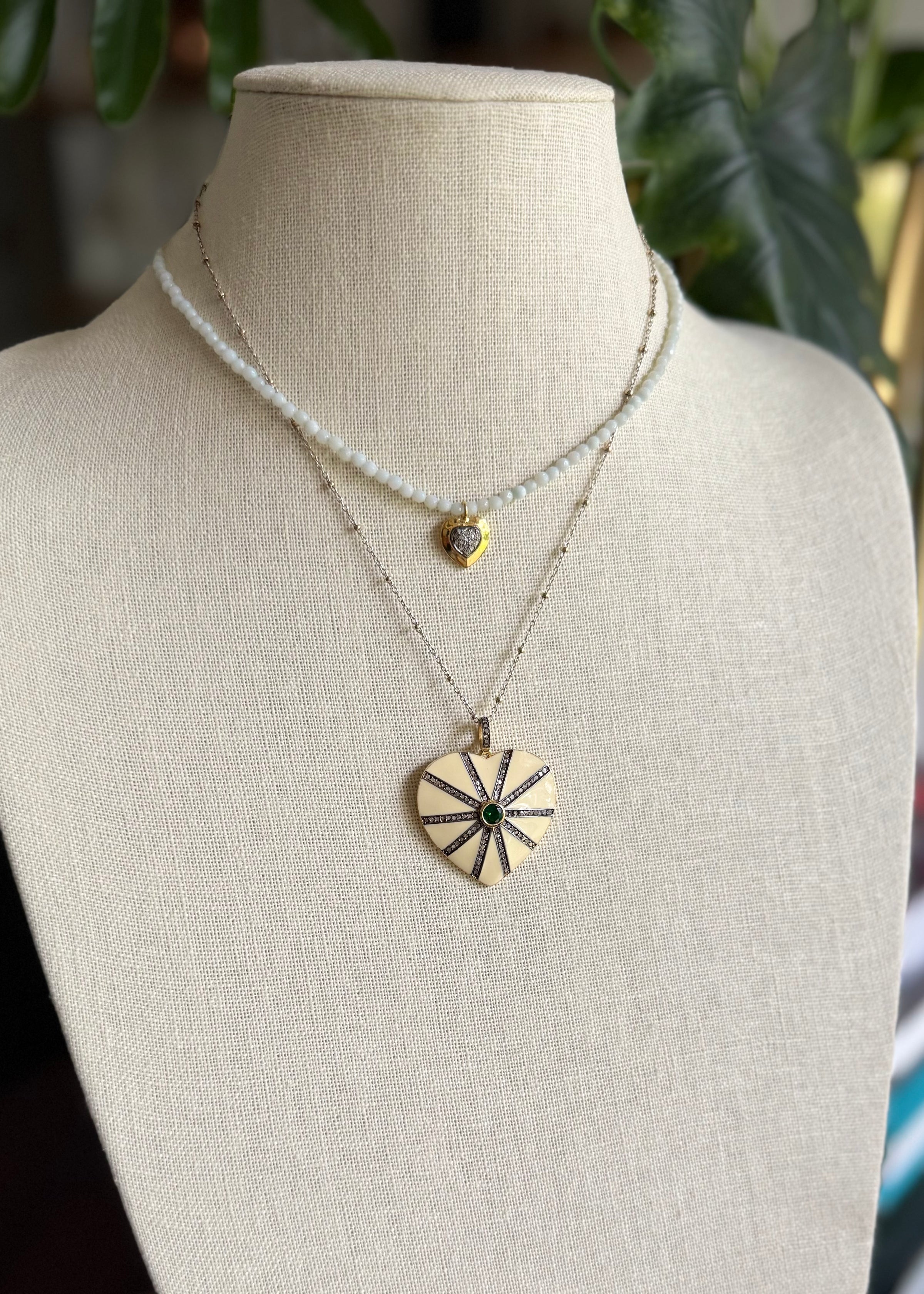 Necklace of faceted amazonite with gold vermeil and pave diamond pendant