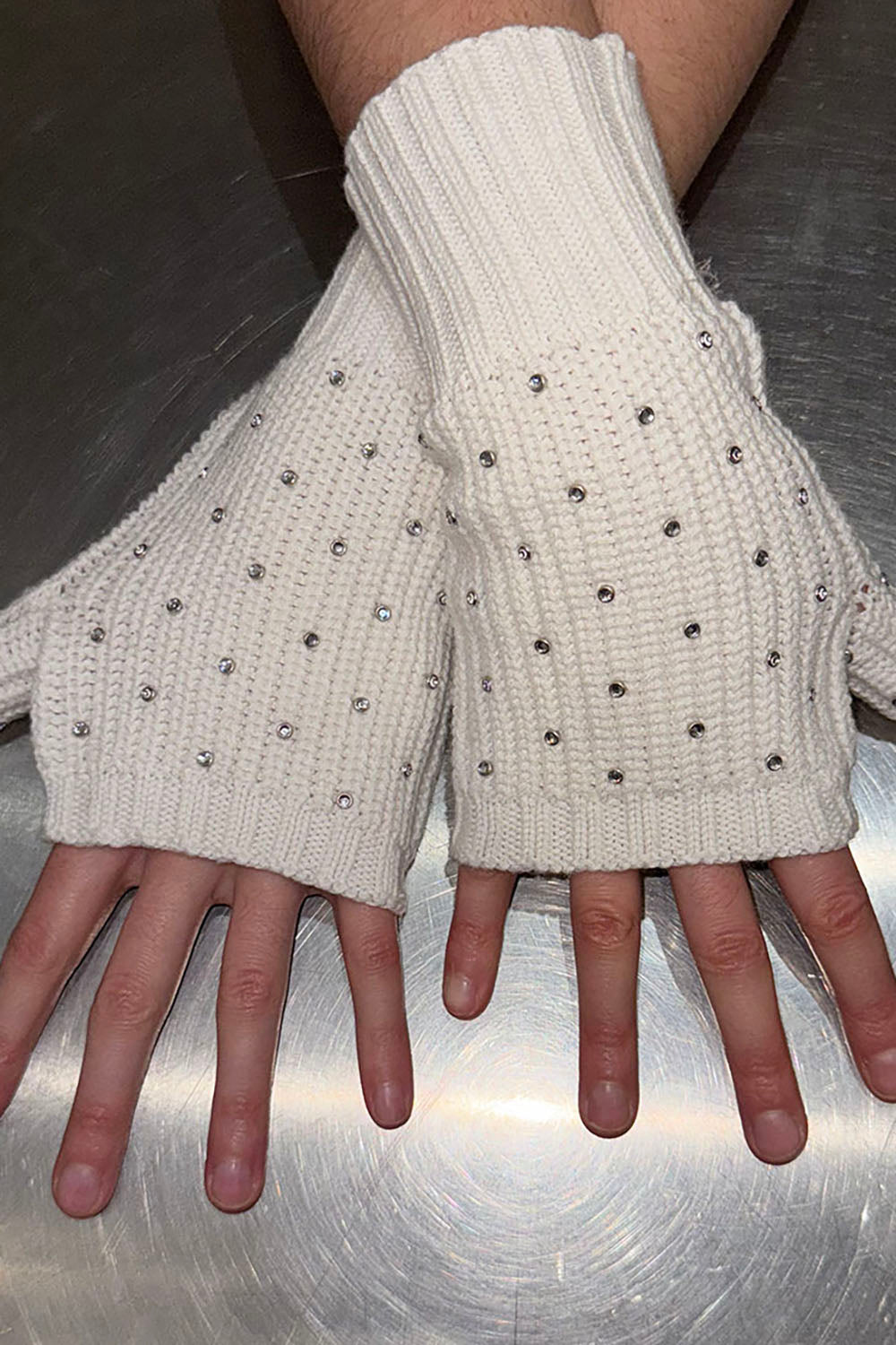 Cotton Cashmere Rhinestone Fingerless Gloves in White