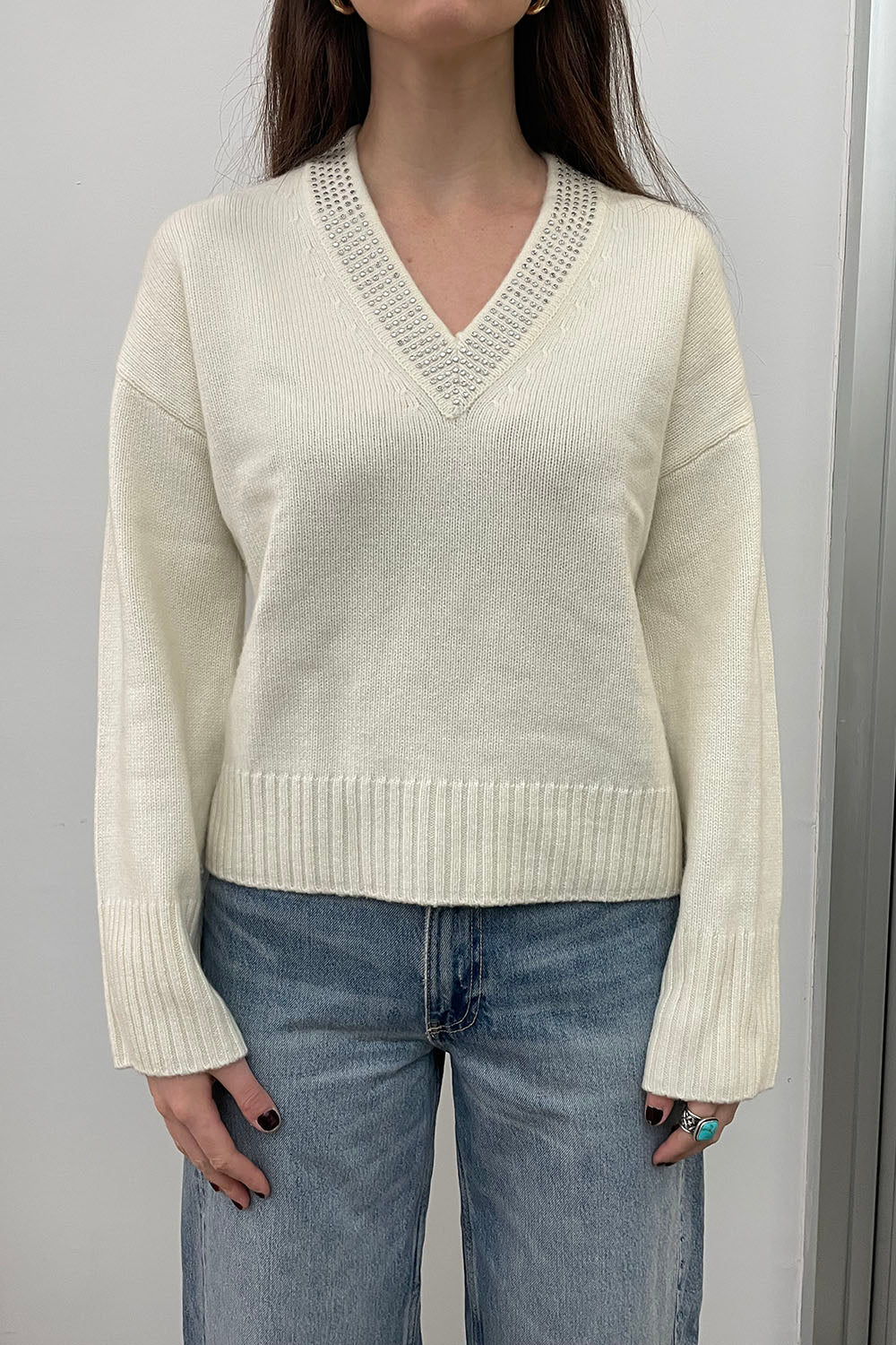 Luxe Cashmere Embellished V Neck in White