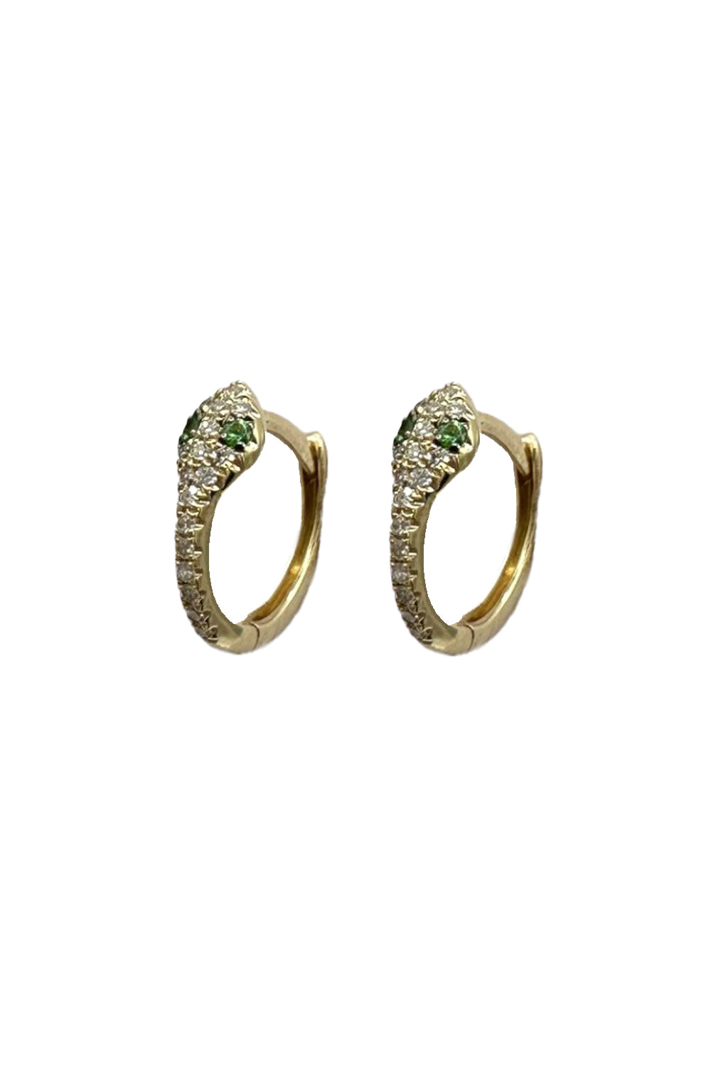 14K Yellow Gold Diamond Snake Huggies with Emerald Eyes