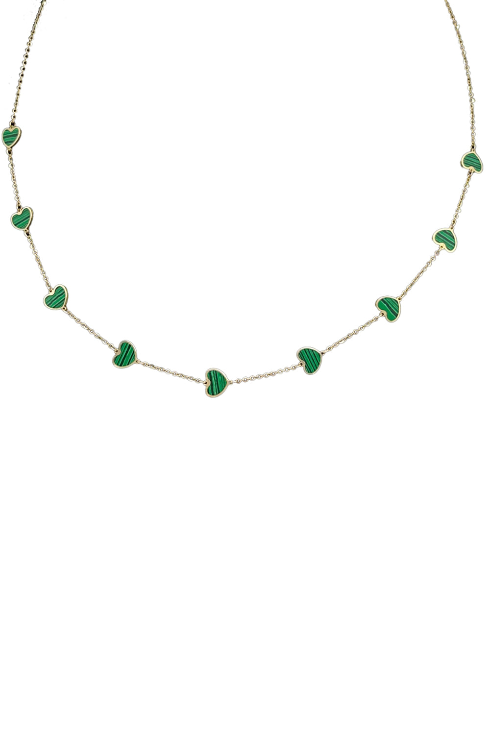 14K Yellow Gold Malachite Multi Hearts Necklace