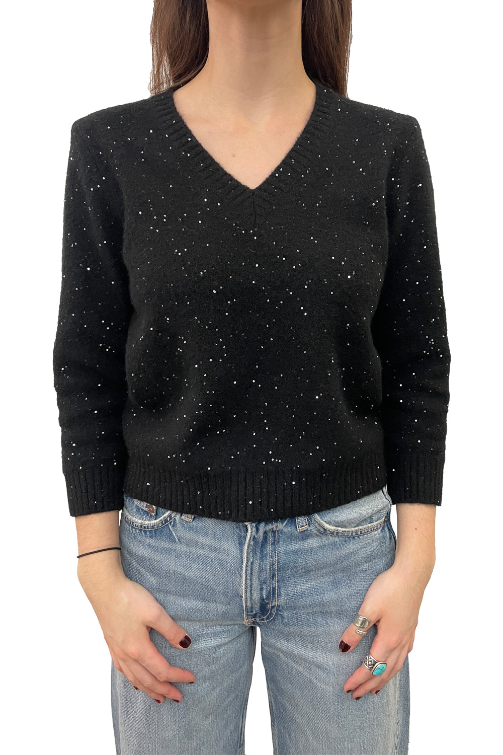 Sparkle Cashmere Three Quarter Sleeve  V-Neck in Black
