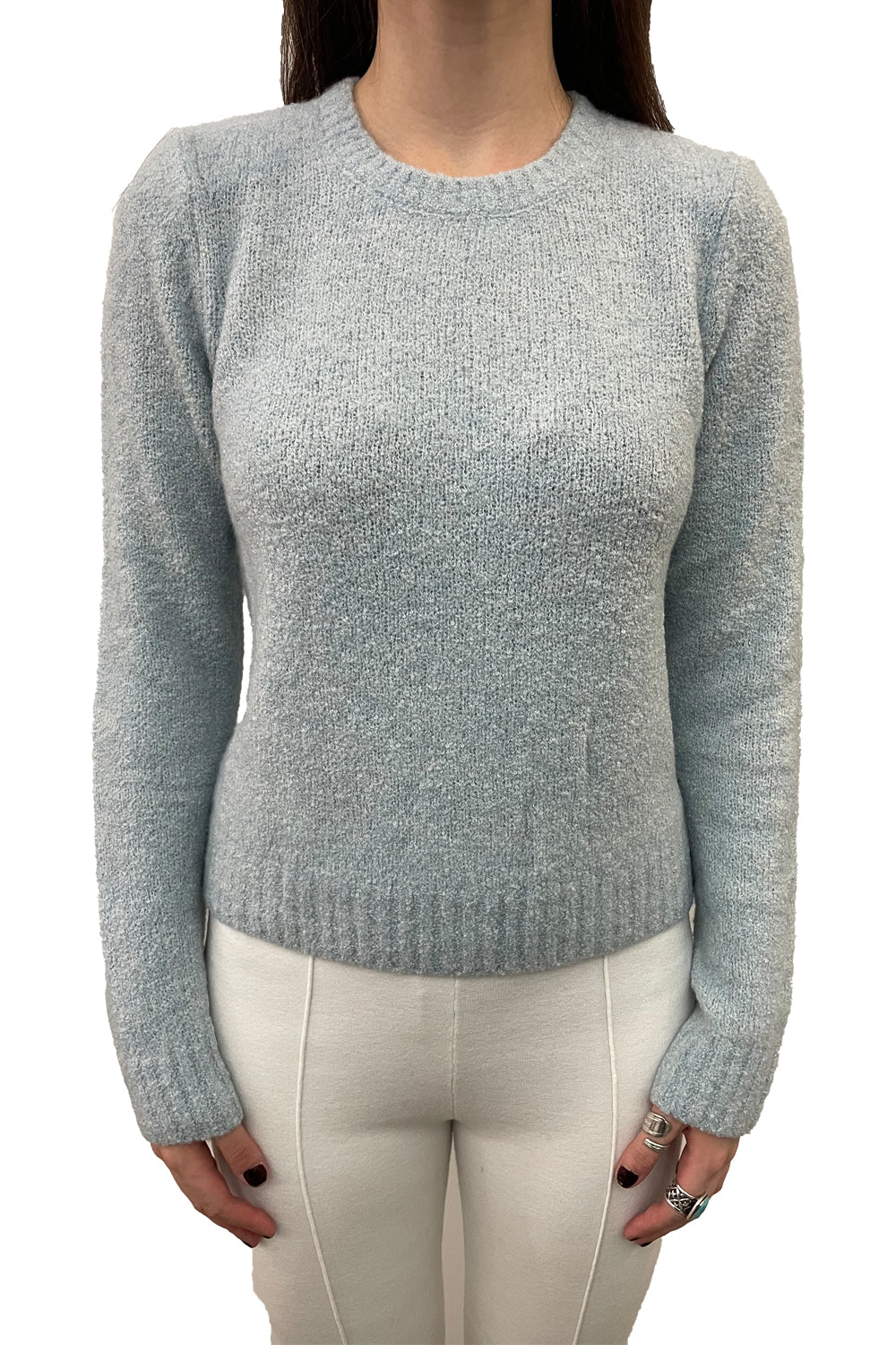Luxe Boucle Powder Shoulder Crew in Sky