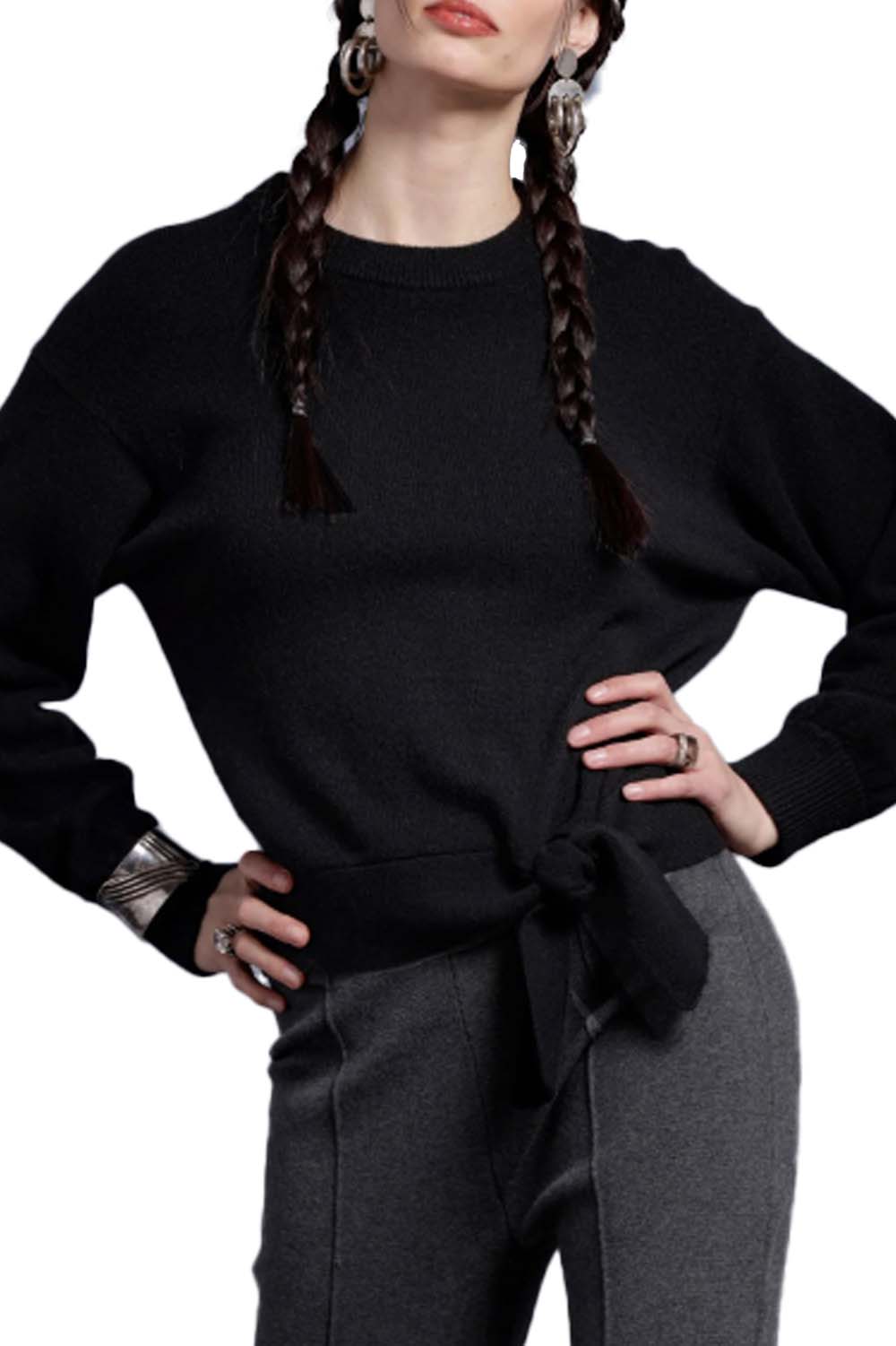 Luxe Cashmere Crew Sweatshirt with Tie in Black