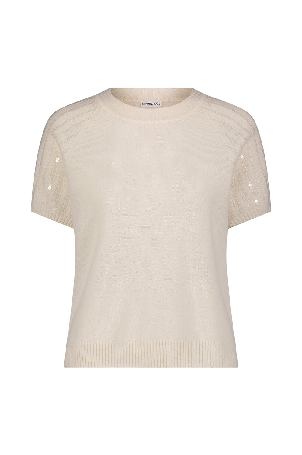 Cashmere Raglan Crew with Sequined Sleeves in White