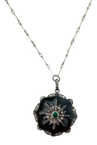 Necklace of oxidized sterling bar chain with silver, black enamel, pave diamond pendant