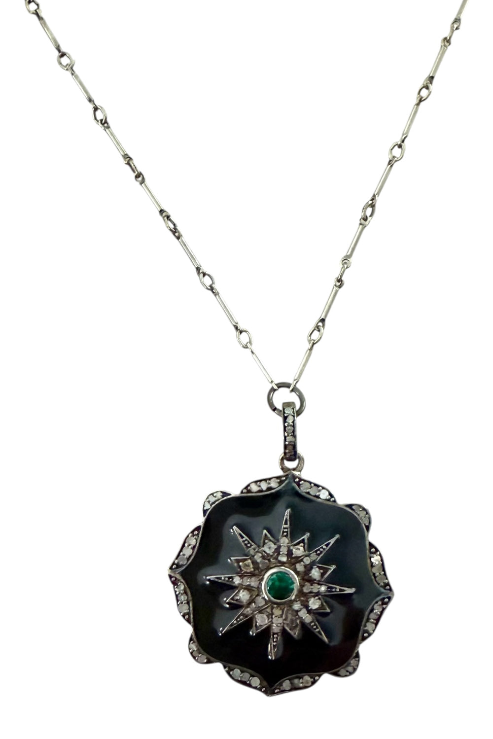 Necklace of oxidized sterling bar chain with silver, black enamel, pave diamond pendant