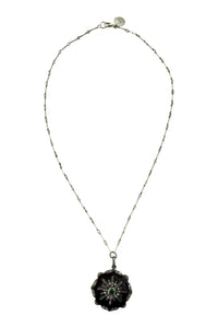 Necklace of oxidized sterling bar chain with silver, black enamel, pave diamond pendant