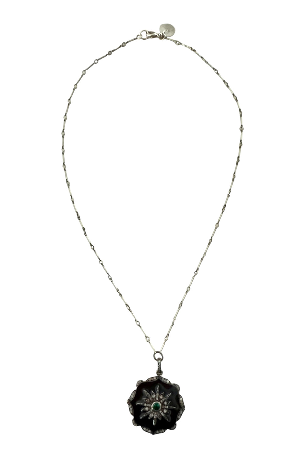 Necklace of oxidized sterling bar chain with silver, black enamel, pave diamond pendant