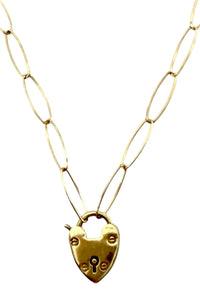Necklace of gold-filled oval chain and padlock heart clasp