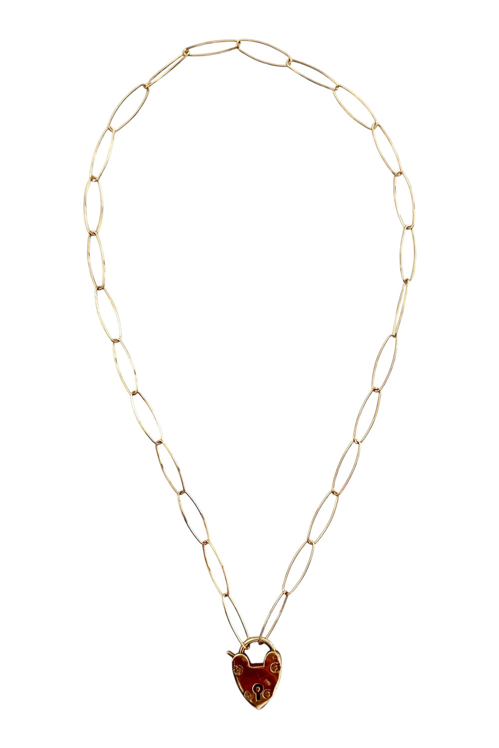 Necklace of gold-filled oval chain and padlock heart clasp