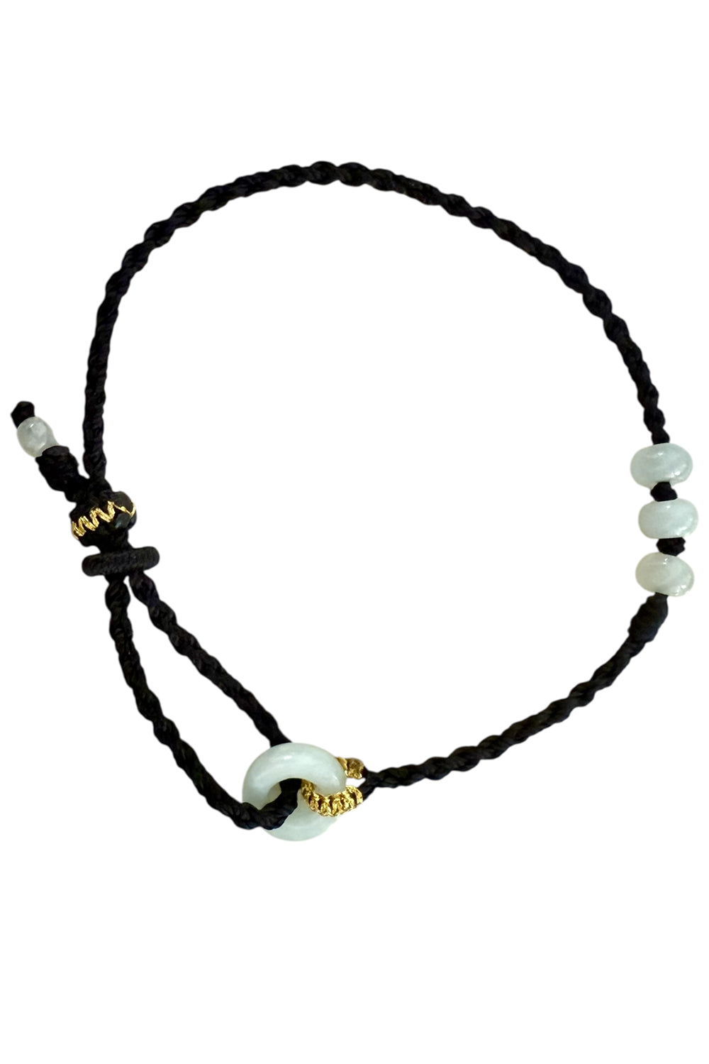 Adjustable bracelet of black woven silk cord and jade beads