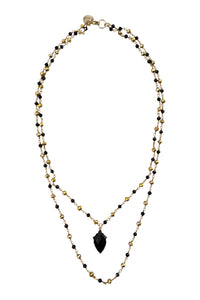 Double layer necklace of gold vermeil and black onyx with carved black onyx pendant