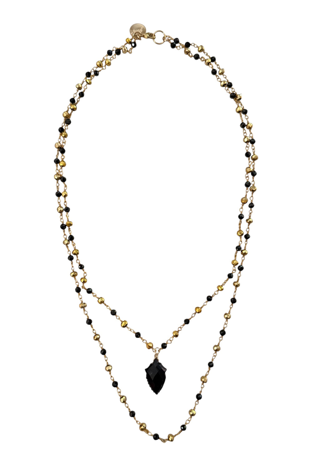 Double layer necklace of gold vermeil and black onyx with carved black onyx pendant