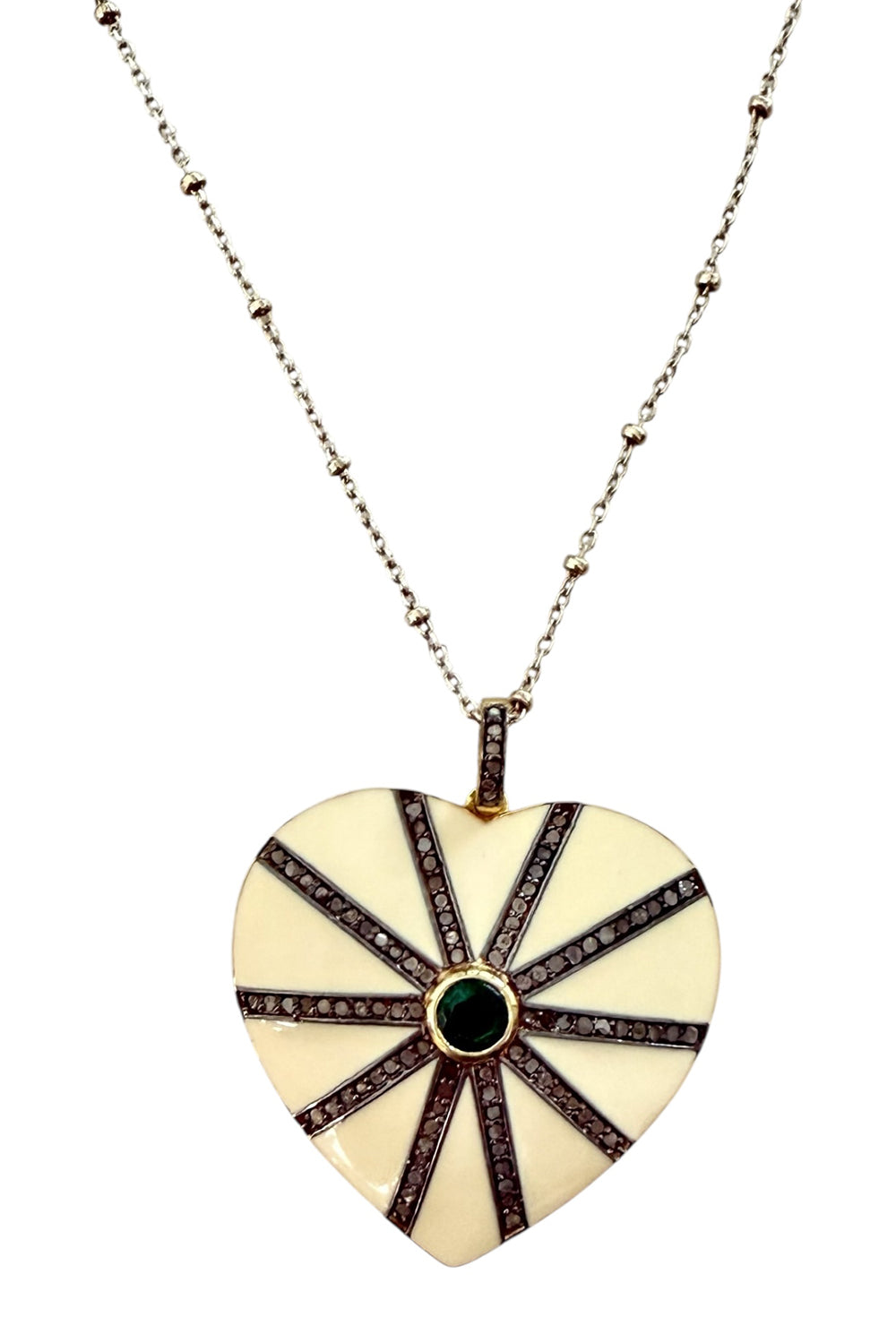 Necklace of two-tone silver and gold bead chain with cream enamel and pave diamond heart pendant