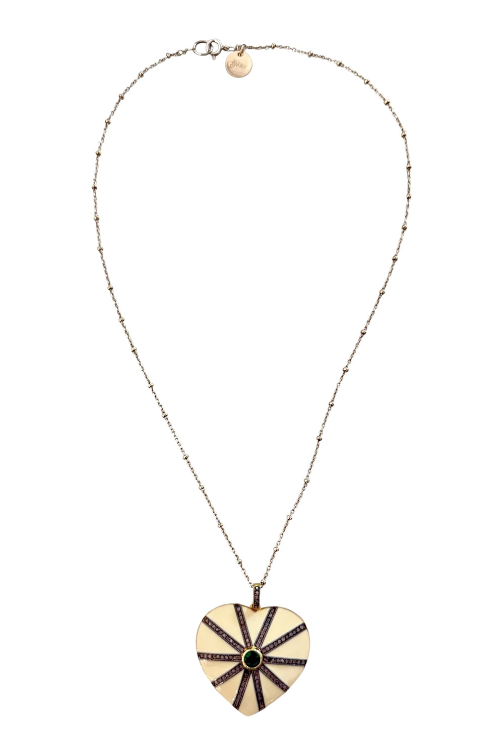 Necklace of two-tone silver and gold bead chain with cream enamel and pave diamond heart pendant
