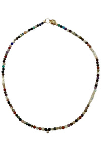Tiny micro faceted multi gemstones Necklace with 14K gold and natural diamond drop