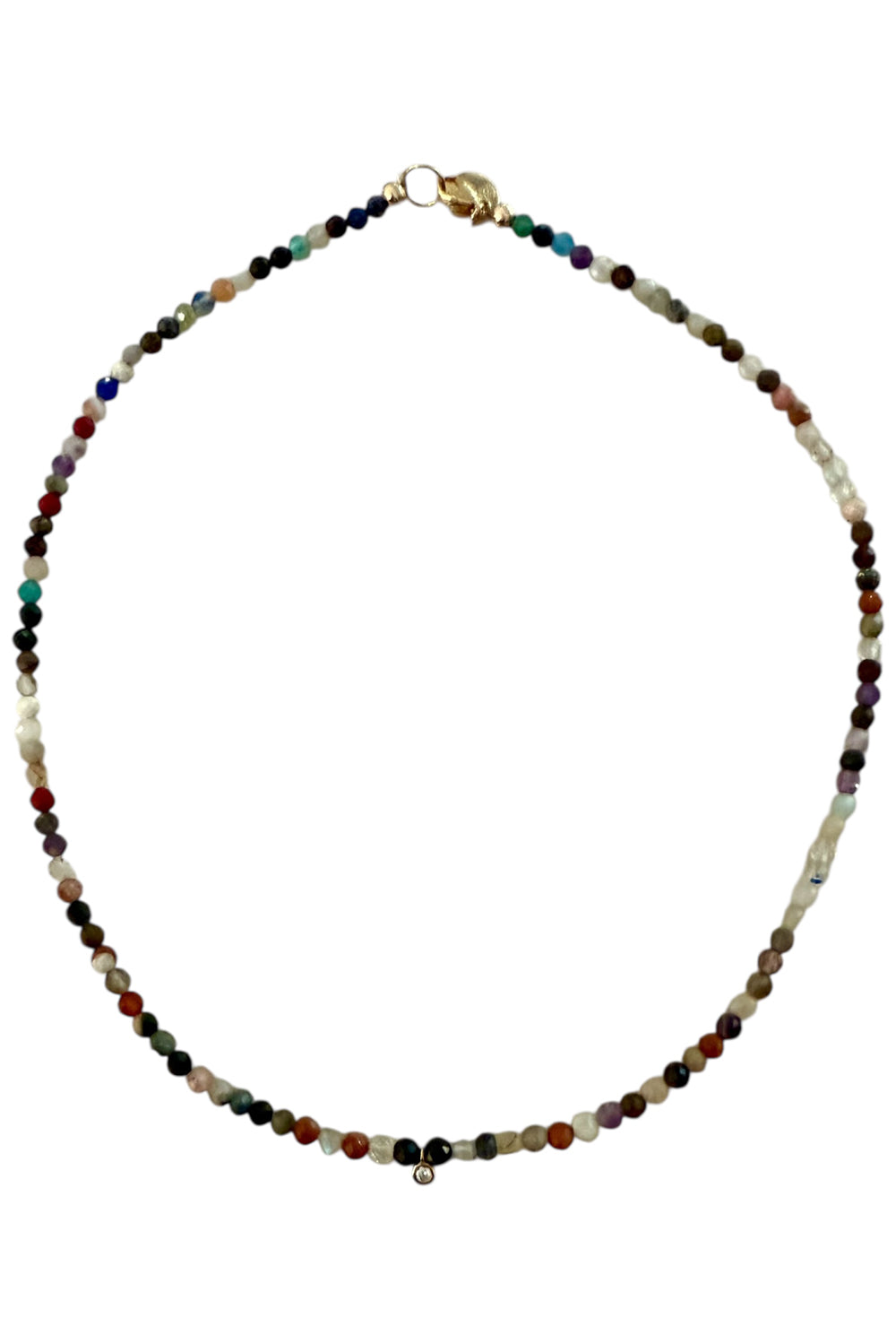 Tiny micro faceted multi gemstones Necklace with 14K gold and natural diamond drop
