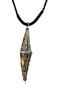 Adjustable necklace of chocolate brown silk cord and two-tone cone pendant