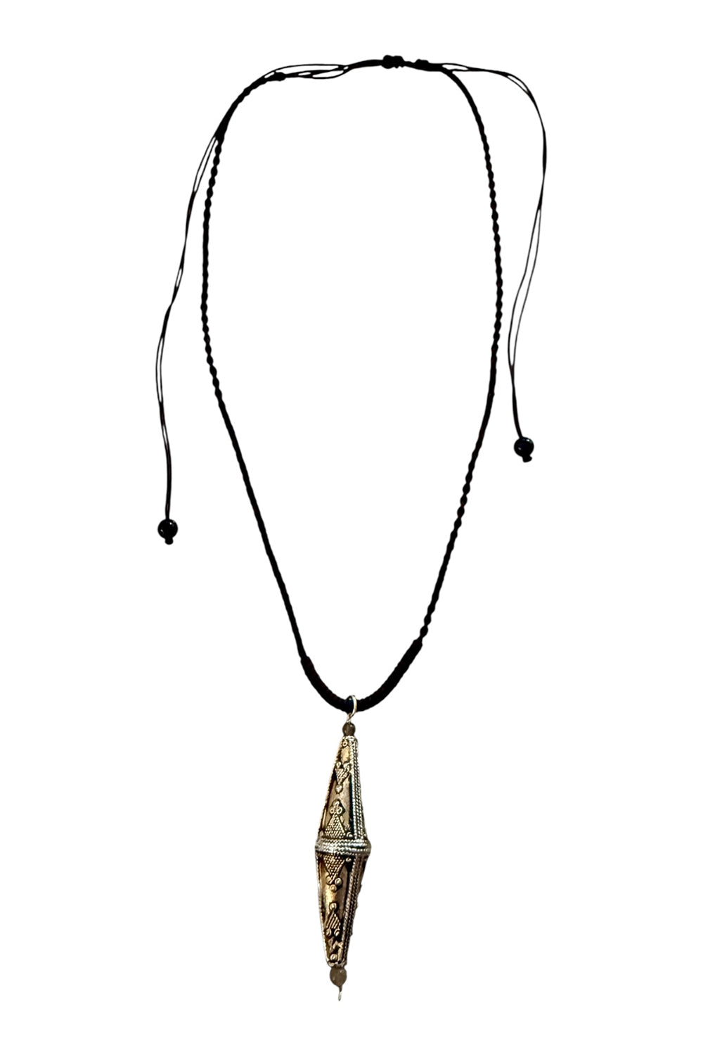 Adjustable necklace of chocolate brown silk cord and two-tone cone pendant