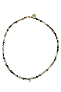 Faceted multi-gemstone necklace with lab grown diamond drop