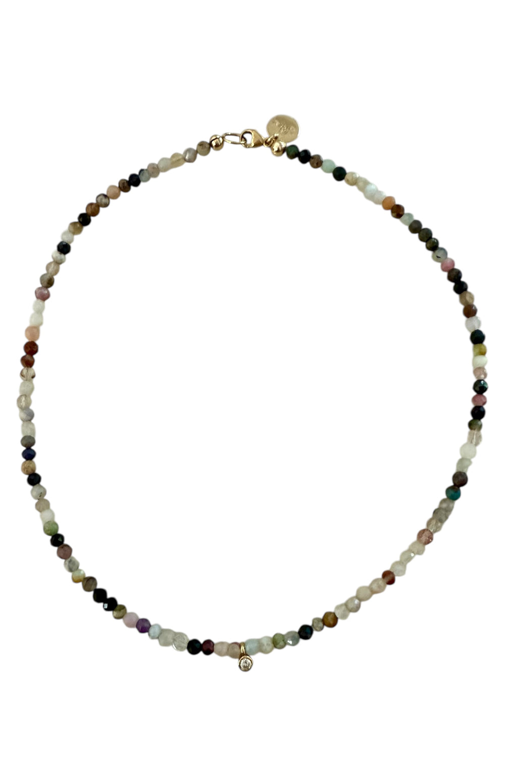 Faceted multi-gemstone necklace with lab grown diamond drop