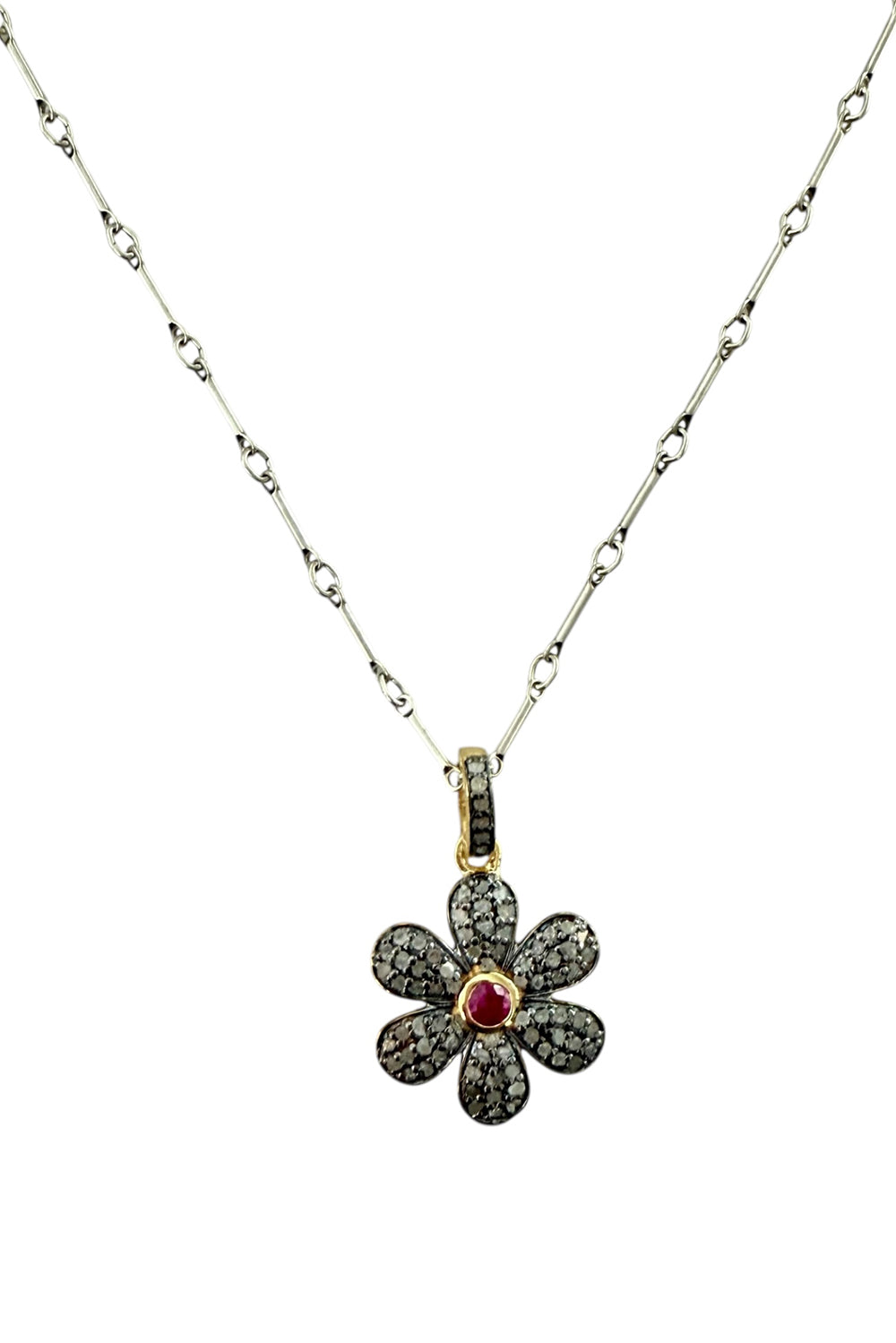 Necklace of oxidized sterling bar chain with pave diamond flower pendant