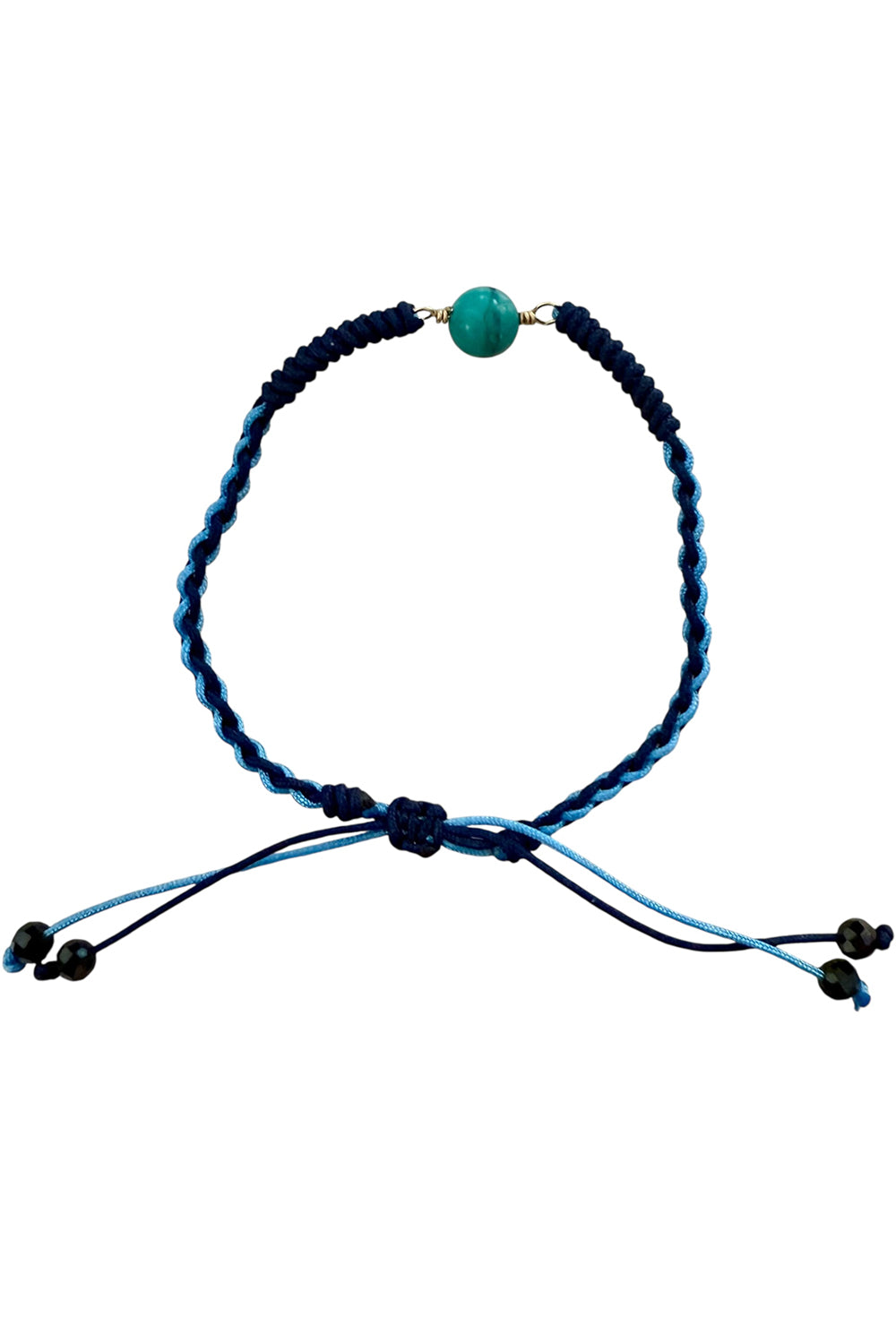 Adjustable bracelet of woven blue silk cord and turquoise